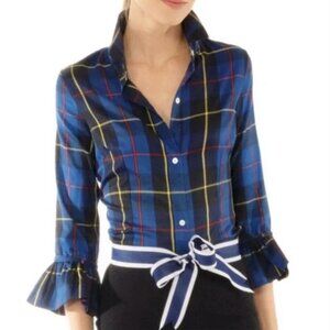 Gretchen Scott Designs Navy Plaid Ruffle Blouse